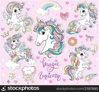 Set of cute cartoon unicorns and magic elements. Vector isolated illustration. For sticker pack, print, posters, design, decor, linen, dishes, t-shirt and kids apparel. Sticker pack cute cartoon unicorns vector illustration pink