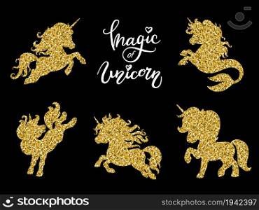 Set of cute cartoon unicorns in motion. Golden silhouette vector illustration template isolated on black background. For print, stickers, design, dishes and kids apparel, application and tattoo.. Set of golden silhouettes of unicorns in motion