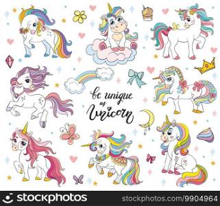 Set of cute cartoon unicorns with magic elements. Vector illustration isolated on a white background. Birthday, party concept. For sticker, embroidery, design, decoration, print, t-shirt, dishes. Set of funny cartoon unicorns vector illustration