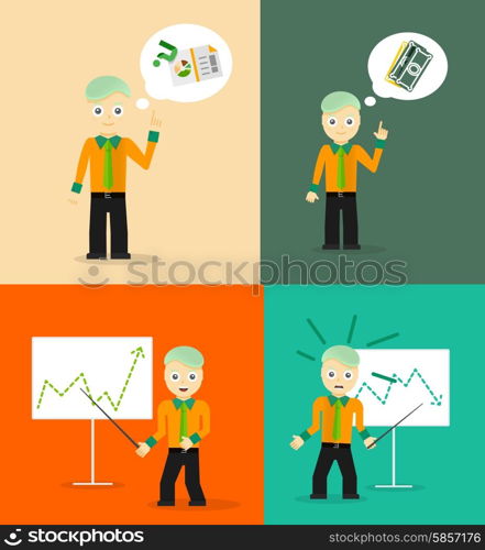 Set of cute cartoon young businessmen. Idea concept and finance report graph. Set of cute cartoon young businessmen. Idea concept and finance report graph. Vector flat design