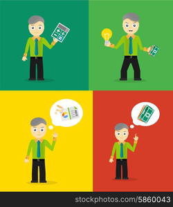 Set of cute cartoon young businessmen. Idea concept and finance report graph. Set of cute cartoon young businessmen. Idea concept and finance report graph. Vector flat design