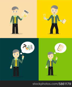 Set of cute cartoon young businessmen. Idea concept and finance report graph. Set of cute cartoon young businessmen. Idea concept and finance report graph. Vector flat design