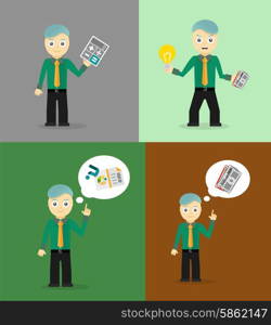 Set of cute cartoon young businessmen. Idea concept and finance report graph. Set of cute cartoon young businessmen. Idea concept and finance report graph. Vector flat design