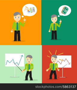 Set of cute cartoon young businessmen. Idea concept and finance report graph. Set of cute cartoon young businessmen. Idea concept and finance report graph. Vector flat design