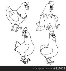Set of cute chicken animals cartoon coloring page illustration vector. For kids coloring book.