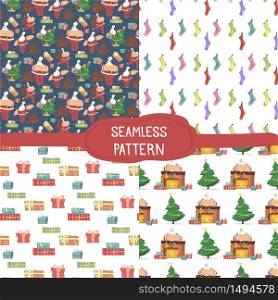 Set of Cute Christmas Patterns. Seamless Prints for Xmas and New Year Holidays, Traditional Festive Symbols Santa Claus, Fireplace, Decorated Fir Tree, Socks for Gifts Cartoon Flat Vector Illustration. Set of Cute Christmas Patterns. Seamless Prints