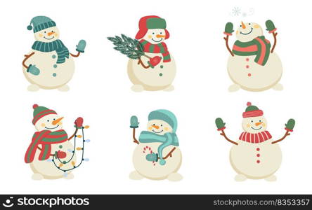 Set of cute Christmas snowmen in hats and scarves. Collection of funny characters. Isolated flat vector illustration.. Set of cute Christmas snowmen in hats and scarves. Collection of funny characters. Isolated flat vector illustration