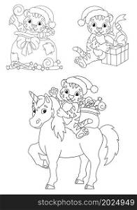 Set of cute Christmas tiger cubs. Coloring book page for kids. Cartoon style character. Vector illustration isolated on white background.