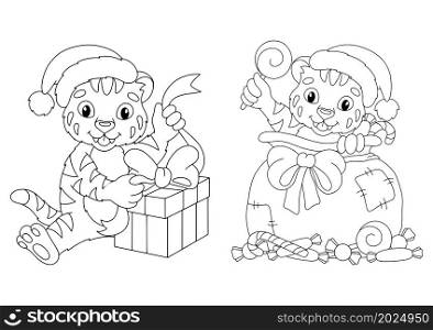 Set of cute Christmas tiger cubs with gifts. Coloring book page for kids. Cartoon style character. Vector illustration isolated on white background.