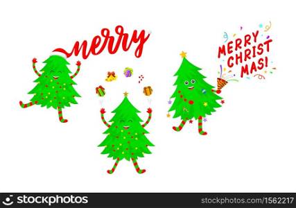 Set of cute Christmas tree cartoon characters with smiley face. Merry Christmas and Happy New Year. Vector illustration isolated on white background.