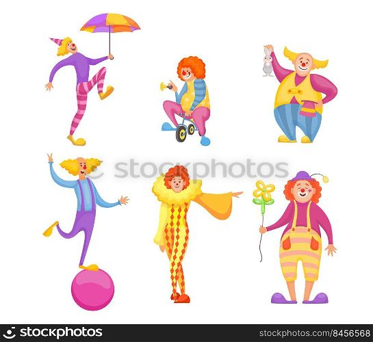 Set of cute circus clowns characters. Cartoon vector illustration. Funny jokers doing tricks and making people laugh at carnival. Holiday, festival, event, circus, creativity concept for banner design