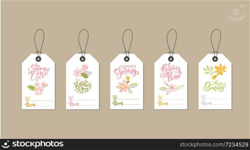 Set of cute creative tag templates with flower theme design and calligraphy letterign spring text. Hand Drawn Vector illustration. Pastel colors.. Set of cute creative tag templates with flower theme design and calligraphy letterign spring text. Hand Drawn Vector illustration. Pastel colors