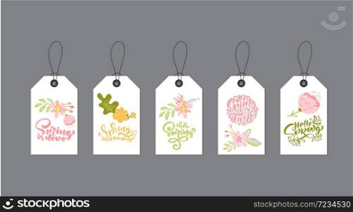 Set of cute creative tag templates with flower theme design and calligraphy letterign spring text. Hand Drawn Vector illustration. Pastel colors.. Set of cute creative tag templates with flower theme design and calligraphy letterign spring text. Hand Drawn Vector illustration. Pastel colors