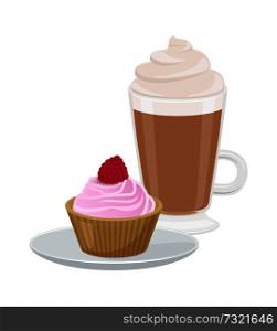 Set of cute cupcake and latte, vector illustration of cake with pink cream and one raspberry on it, big cup of coffee isolated on white background. Set of Cute Cupcake and Latte Vector Illustration