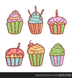 Set of cute cupcakes and muffins. Flat vector illustration.. Set of cute cupcakes and muffins. Flat vector illustration
