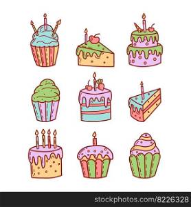 Set of cute cupcakes, cakes andμffins. Flat vector illustration.. Set of cute cupcakes, cakes andμffins. Flat vector illustration