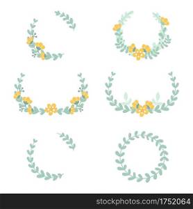 Set of Cute delicate floral frames. Wreath with flowers and leaves. Decoration for wedding invitations and cards. Vector hand illustration isolated on white background