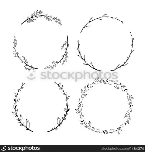 Set of cute detailed hand drawn floral wreaths on white. Set of cute detailed hand drawn floral wreaths isolated on white
