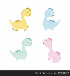 Set of cute dinosaurs. Dinosaurs for kids. Cartoon vector illustration in watercolor color. Drawing for printing on clothes, birthday decoration, postcards, books about dinosaurs and dragons