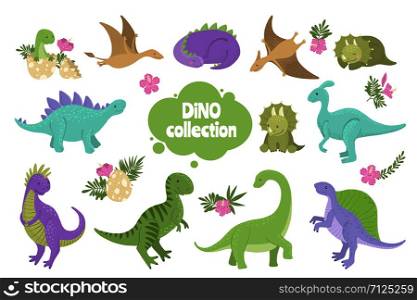 Set of cute dinosaurs isolated on white background. Little dino for t-shirt, kids apparel, poster, nursery or etc. Vector Illustration.. Set of cute dinosaurs isolated on white.