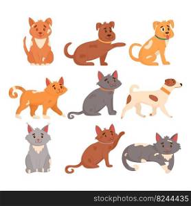 Set of cute dogs and cats in different poses. Funny dogs and cats isolated on white background. Flat vector illustration.. Set of cute dogs and cats in different poses. Funny dogs and cats isolated on white background. Flat vector illustration