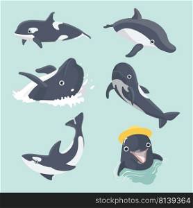 Set of cute dolphins.  