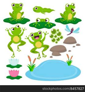 Set of cute drawing frogs. Cartoon vector illustration. Green croaking and jumping toads, stones, lotus flowers and pond. Animal, nature,&hibian concept for banner design