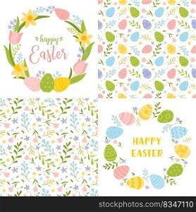 Set of cute Easter cards and seamless patterns. Spring color concept with eggs and flowers for greeting cards, banners, wrapping paper, textiles.. Set of cute Easter cards and seamless patterns.