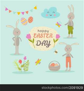 Set of cute Easter cartoon characters and design elements. Easter bunny, butterflies, eggs and flowers. Vector illustration on a pastel turquoise background. Set of cute Easter cartoon characters and design elements bunny, butterflies, eggs and flowers. Vector illustration.