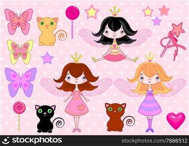 Set of cute fairy princess girls, cats and objects