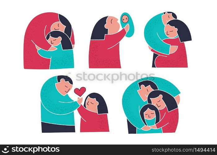 Set of cute family illustration mother, father and daughter. Man and woman create couple. Flat cartoon trendy people. Simple doodle trendy people life. Positive flat cartoon couple vector.