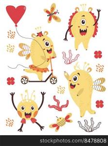Set of cute fantastic monsters. Yellow creatures - a monster girl rides a scooter with a balloon, a boy waving his paw. Vector illustration. Kids collection For cards, design, decor and printing. 