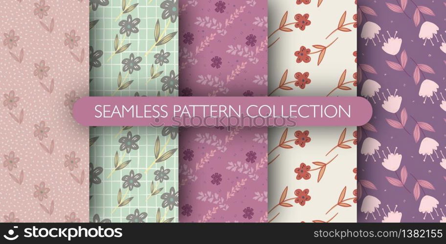 Set of cute flowers wallpaper in vintage style. Seamless pattern with folk motif collections. Design for fabric, textile print, wrapping paper, cover, packing. Modern fashion vector illustration. Set of cute flowers wallpaper in vintage style. Seamless pattern with folk motif collections.