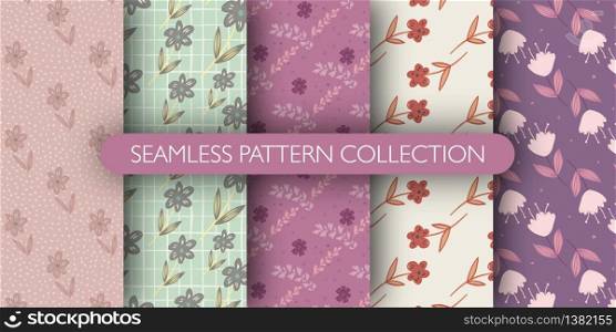 Set of cute flowers wallpaper in vintage style. Seamless pattern with folk motif collections. Design for fabric, textile print, wrapping paper, cover, packing. Modern fashion vector illustration. Set of cute flowers wallpaper in vintage style. Seamless pattern with folk motif collections.