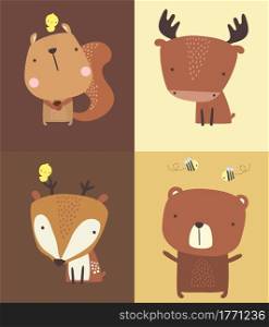 Set of cute forest animals illustration. bear, moose, squirrel and deer. Hand drawn style. can be used for nursery decoration, baby and kids wear, fashion print design