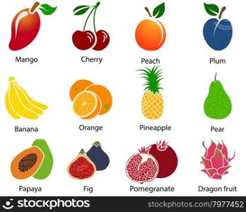 Set of cute fruit icons with title over white background. Vector illustration.