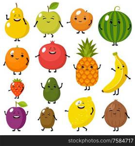 Set of cute fruits characters.Vector illustration