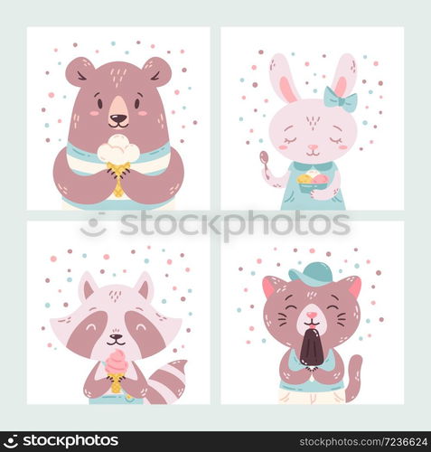 Set of cute funny cartoon summer animals. Bear, rabbit, raccoon and cat eating ice cream, licking popsicle, cone. Vector flat hand drawn illustration. Concept for children print. Isolated objects.