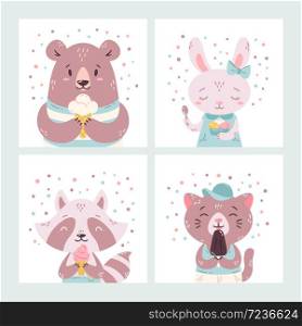 Set of cute funny cartoon summer animals. Bear, rabbit, raccoon and cat eating ice cream, licking popsicle, cone. Vector flat hand drawn illustration. Concept for children print. Isolated objects.