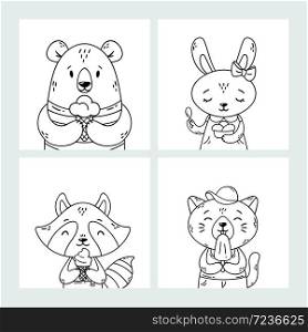 Set of cute funny cartoon summer animals. Bear, rabbit, raccoon and cat eating ice cream, licking popsicle, cone. Vector outline hand drawn illustration. Coloring pages. Black and white art.