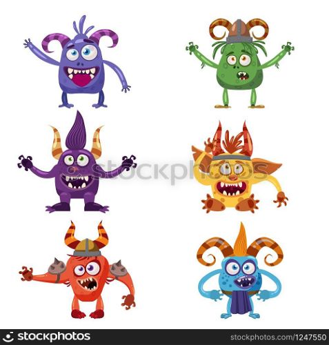 Set of cute funny characters troll, bigfoot, devil, yeti imp. Set of cute funny characters troll, bigfoot, goblin, devil, yeti, imp, with different emotions, cartoon style, for books, advertising, stickers, vector, illustration, banner, isolated