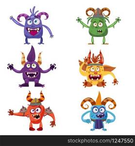 Set of cute funny characters troll, bigfoot, devil, yeti imp. Set of cute funny characters troll, bigfoot, goblin, devil, yeti, imp, with different emotions, cartoon style, for books, advertising, stickers, vector, illustration, banner, isolated