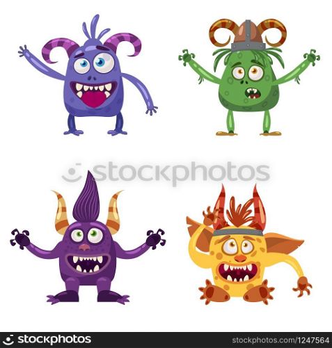 Set of cute funny characters troll, bigfoot, yeti, imp. Set of cute funny characters troll, bigfoot, yeti, imp, with different emotions, cartoon style, for books, advertising, stickers, vector, illustration, banner, isolated