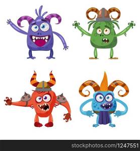 Set of cute funny characters troll, goblin, devil, yeti. Set of cute funny characters troll, goblin, devil, yeti with different emotions, cartoon style, for books, advertising, stickers, vector, illustration, banner, isolated