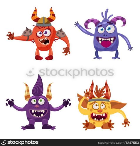 Set of cute funny characters troll, goblin, yeti, imp. Set of cute funny characters troll, goblin, yeti, imp, with different emotions, cartoon style, for books, advertising, stickers, vector, illustration, banner, isolated