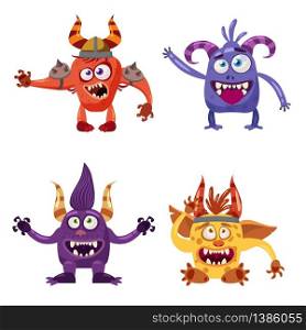 Set of cute funny characters troll, goblin, yeti, imp. Set of cute funny characters troll, goblin, yeti, imp, with different emotions, cartoon style, for books, advertising, stickers, vector, illustration, banner, isolated