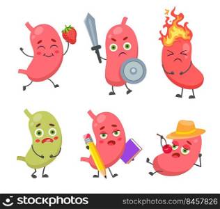 Set of cute, funny stomach character. Cartoon vector illustration. Healthy and unhealthy digestive human organ with different emotions and faces. Health care, nutrition, emotion concept for design