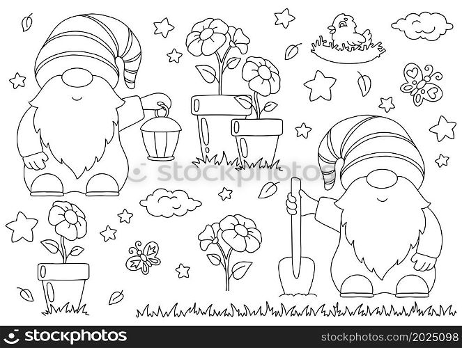 Set of cute garden gnomes with shovel and lantern. Coloring book page for kids. Cartoon style character. Vector illustration isolated on white background.