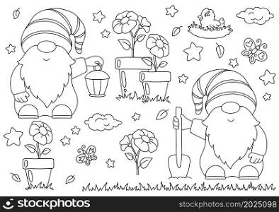 Set of cute garden gnomes with shovel and lantern. Coloring book page for kids. Cartoon style character. Vector illustration isolated on white background.