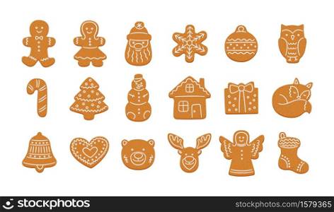 Set of cute gingerbread cookies for Christmas. Gingerbread house, man, snowflake, angel, reindeer, christmas tree. Isolated vector objects on white background. Set of cute gingerbread cookies for Christmas